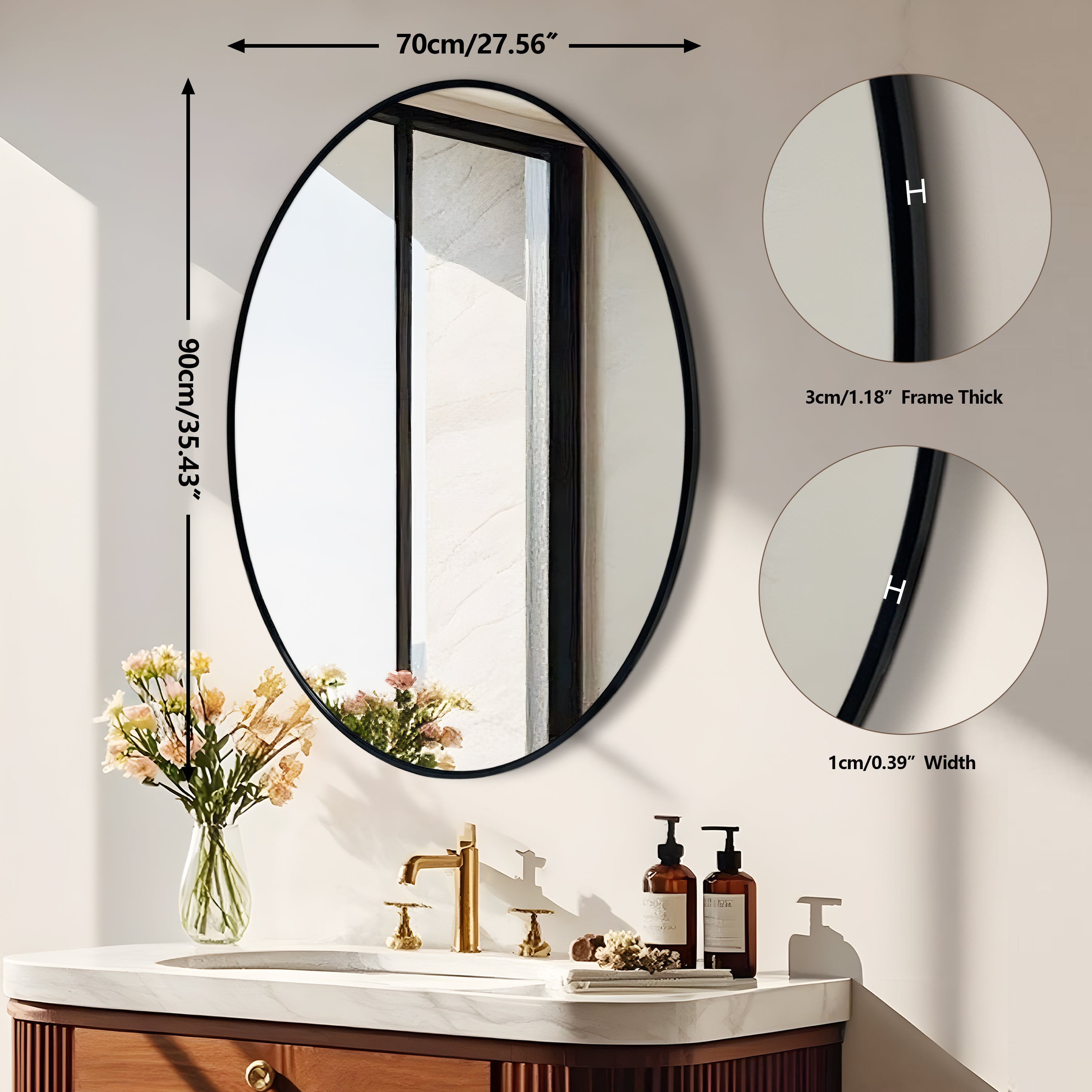 New Release Vertical Black Oval Wall Mirror Aluminum Frame Wall-mounted Hanging Mirror