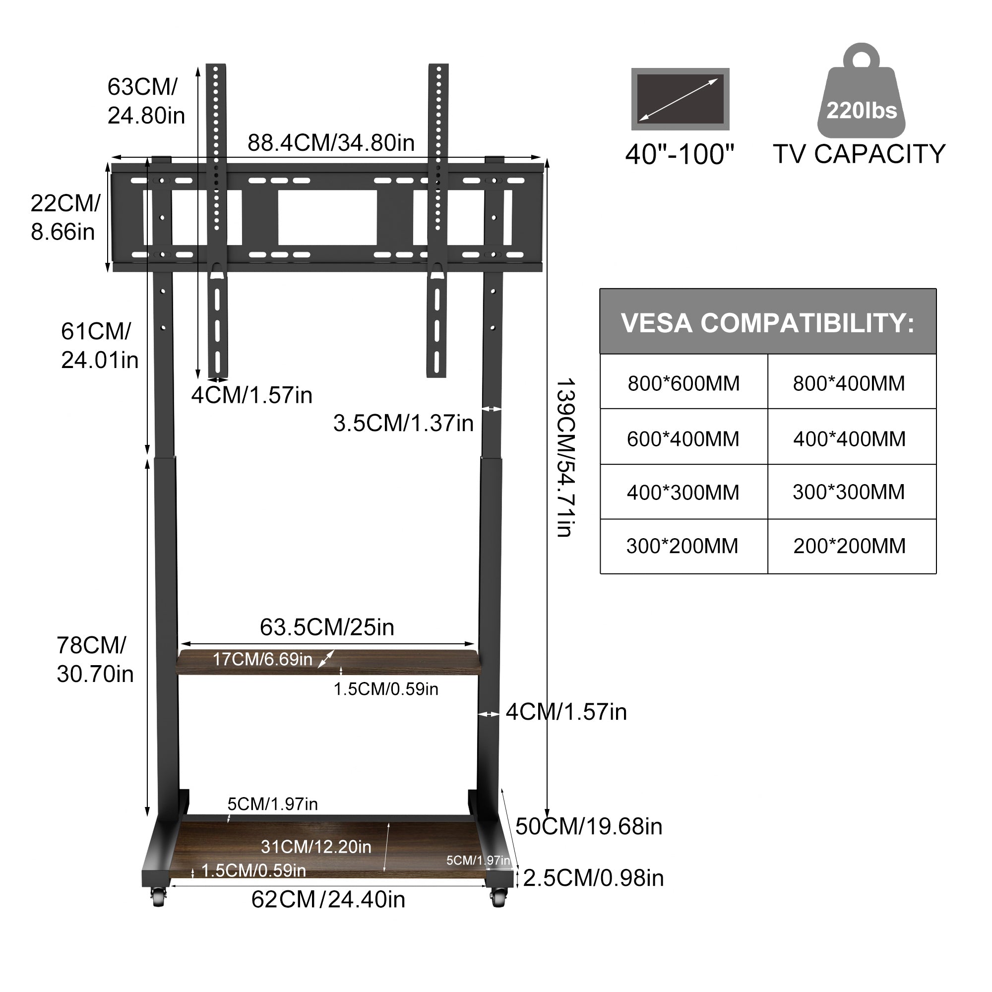 Industrial Rolling TV Floor Stand for 40-100” LCD Screens Height Adjustable TV Cart Mount