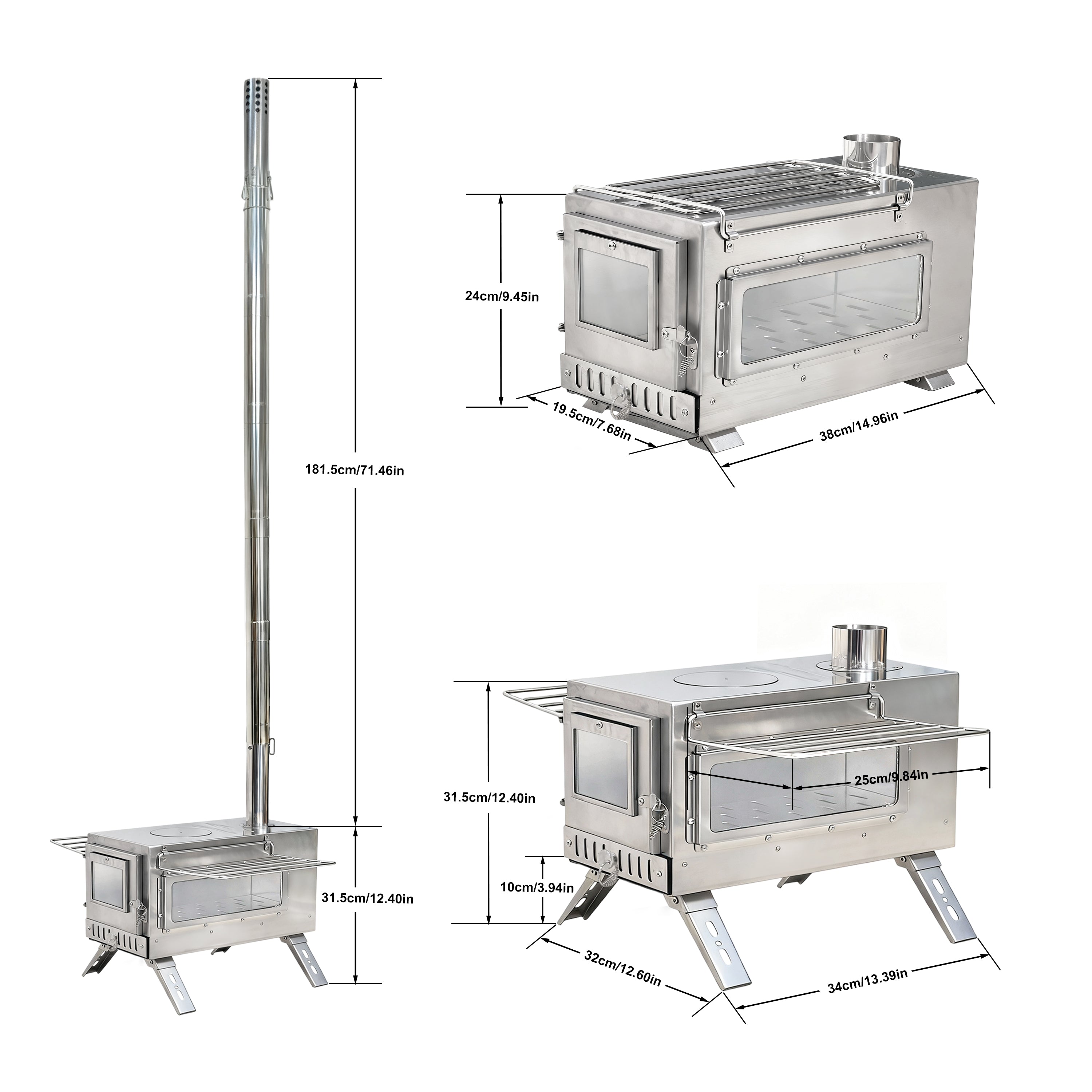 Outdoor Camping Tent Wood Burner Stove Fire Pit with 7 Chimney Pipes