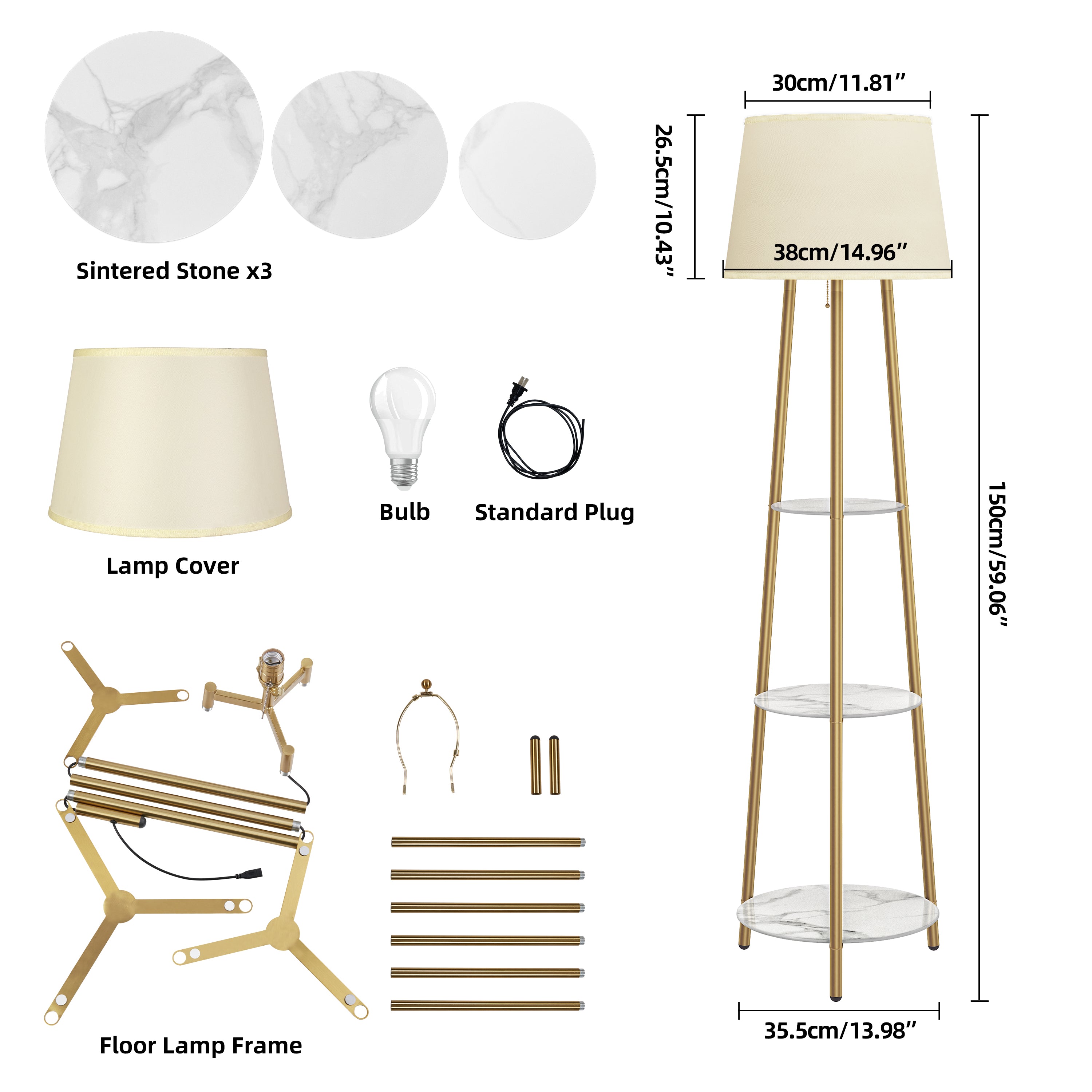 Tripod Led Floor Lamp: Modern Free Standing Floor Lamp with Sintered Stone Shelves