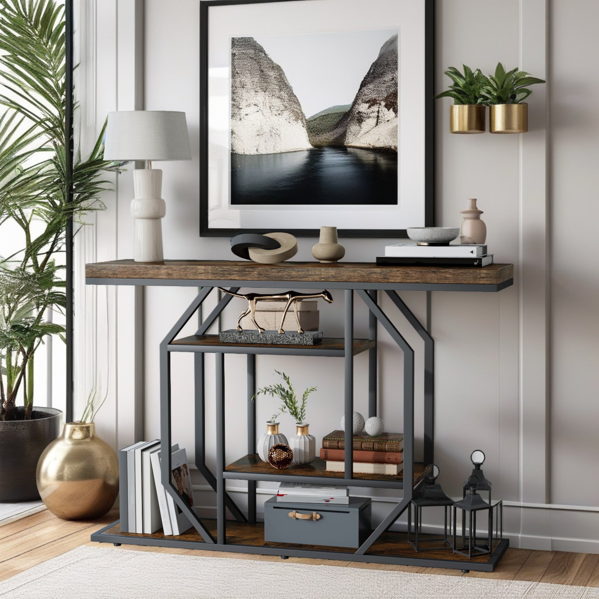 47.3" Long Console Table Industrial Sofa Table with Geometric Base Storage Shelf