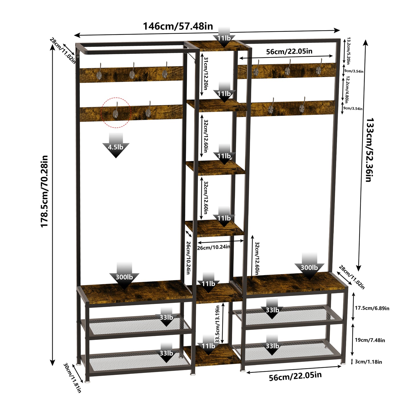 Industrial Corner Clothes Stand with Shoe Rack Storage Bench for Entryway