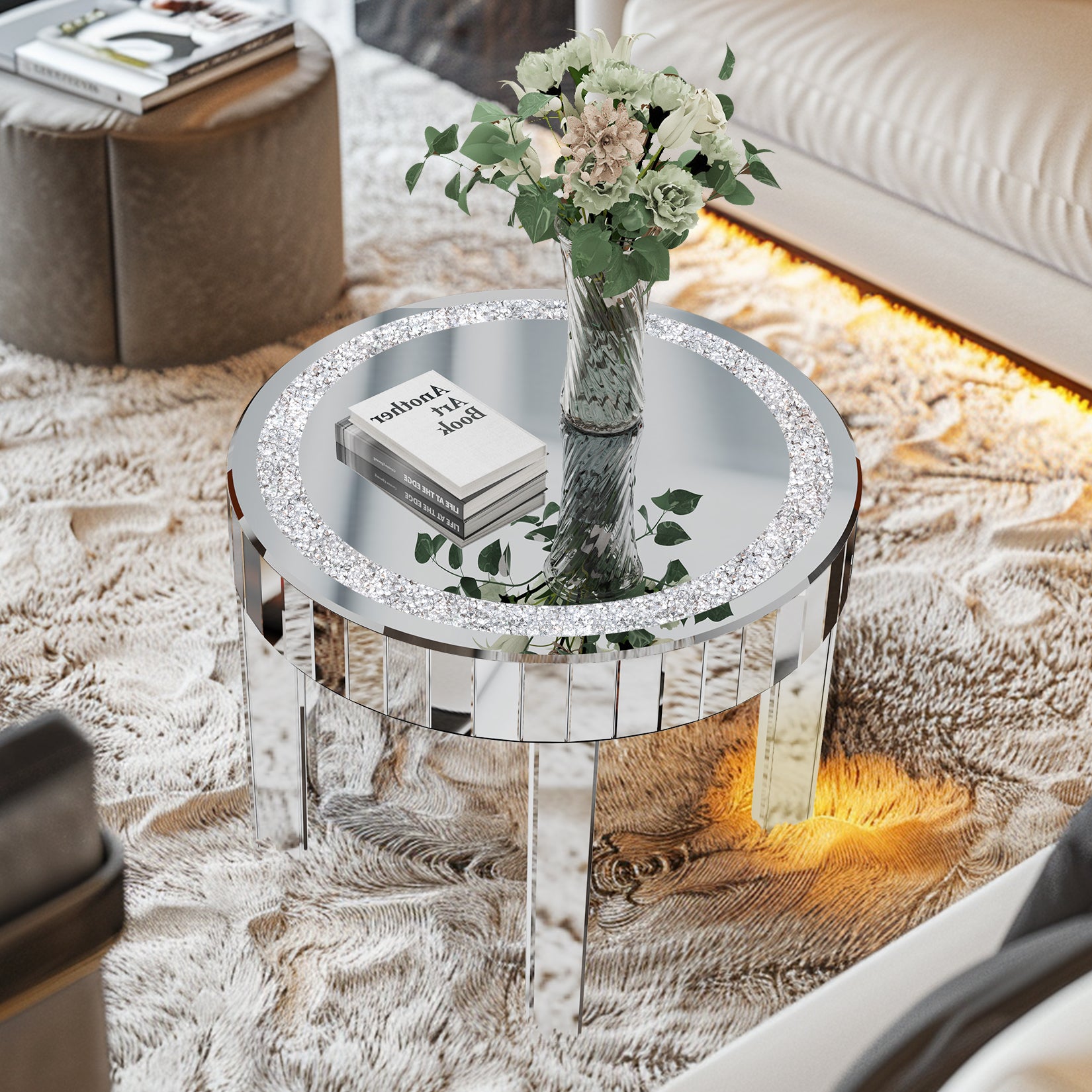 23.62” Luxury Mirrored Round End Table with Crystal Diamonds Inlay