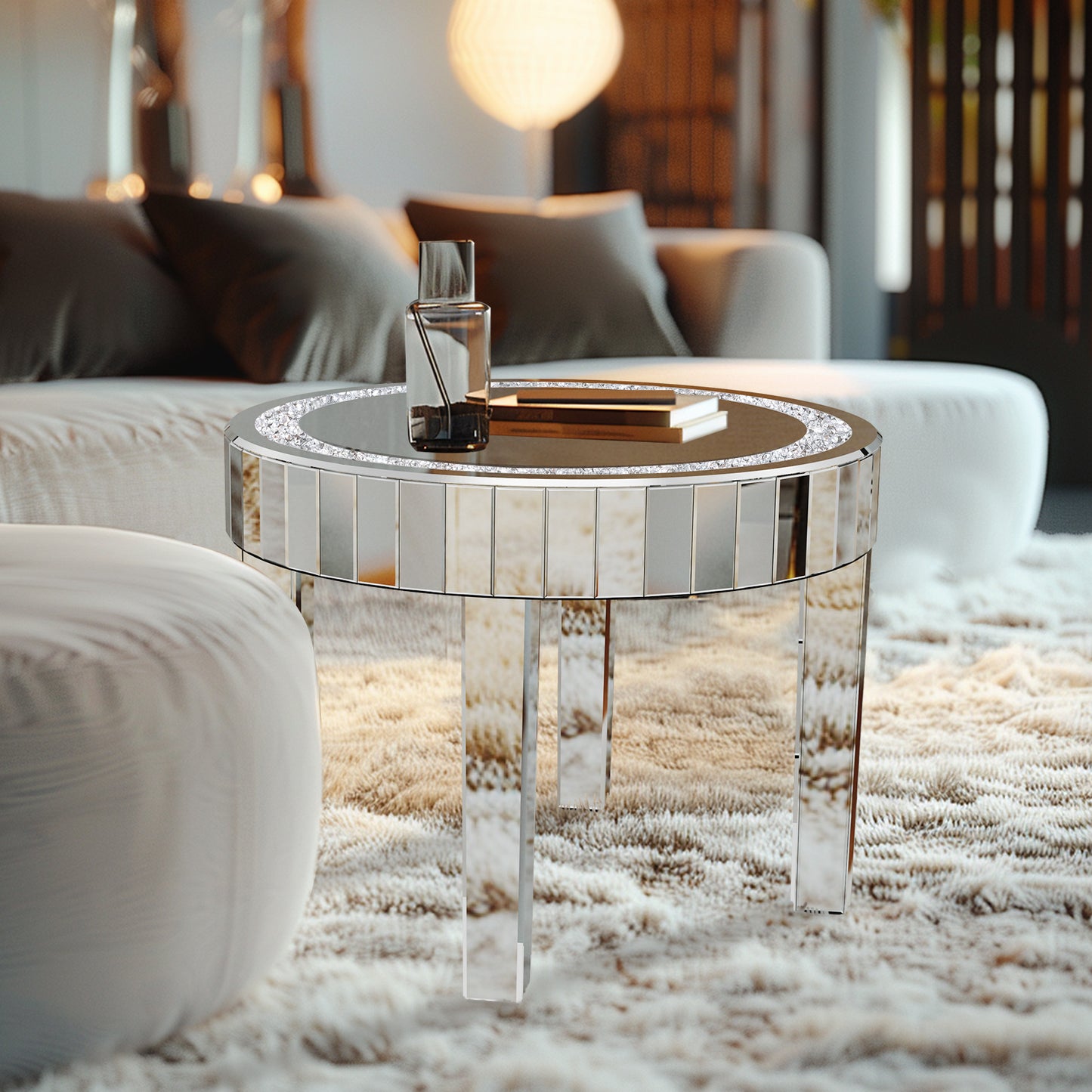 23.62” Luxury Mirrored Round End Table with Crystal Diamonds Inlay