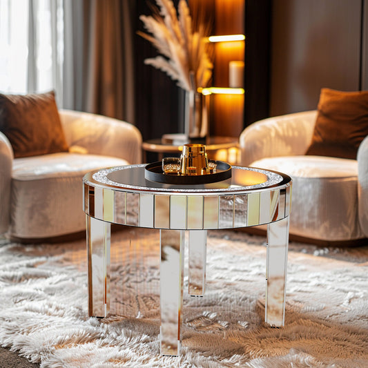 23.62” Luxury Mirrored Round End Table with Crystal Diamonds Inlay