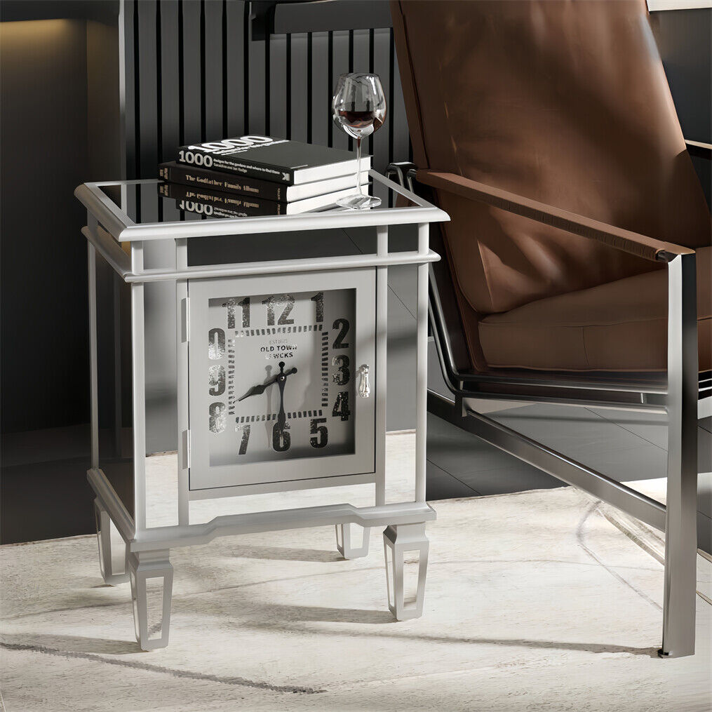 Luxury Silver Mirror Side Table with Arabic Numerals Clock