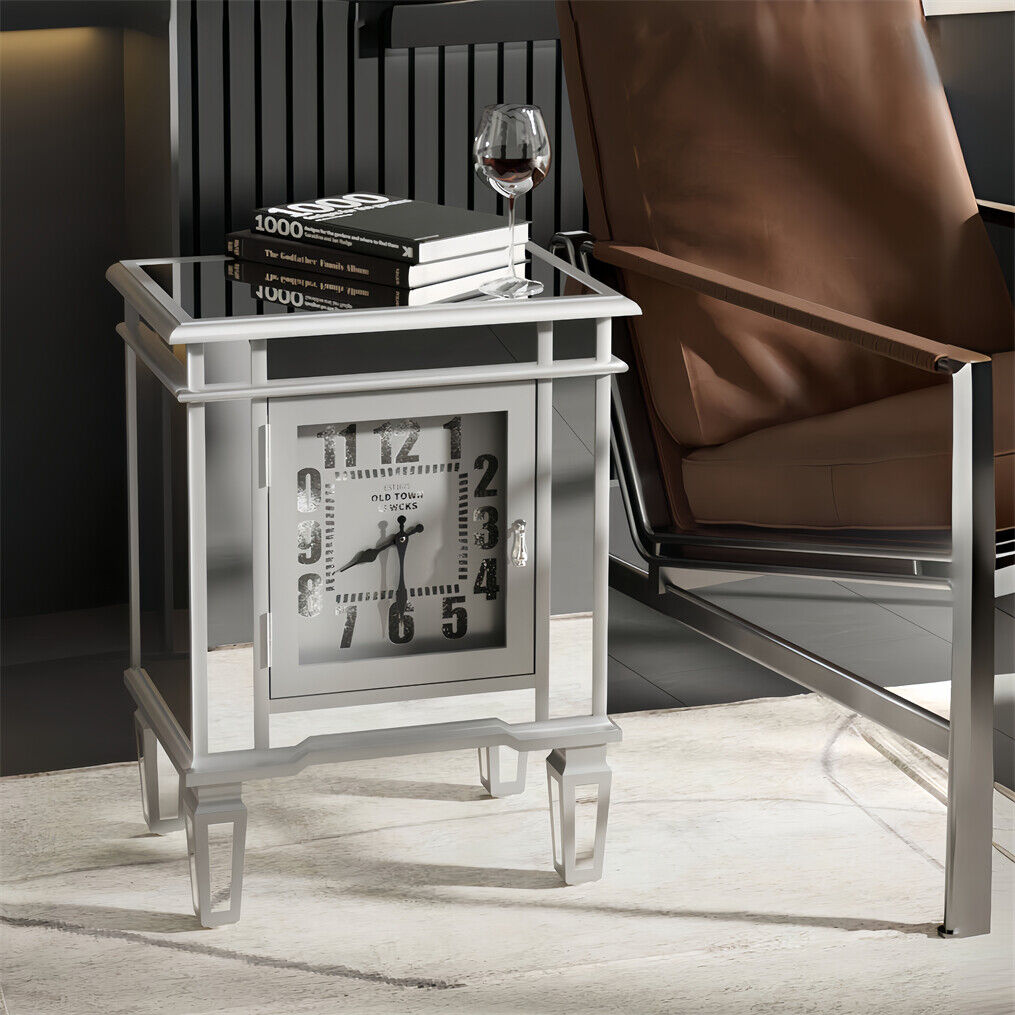 Luxury Silver Mirror Side Table with Arabic Numerals Clock, Ingenious Furniture