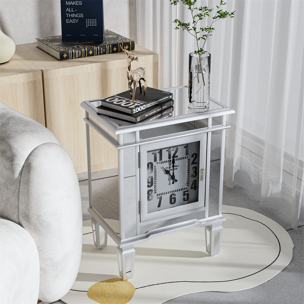 Luxury Silver Mirror Side Table with Arabic Numerals Clock