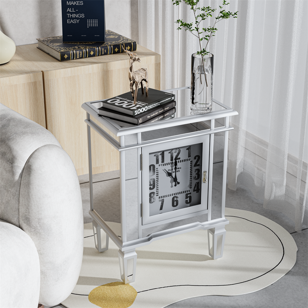 Luxury Silver Mirror Side Table with Arabic Numerals Clock, Ingenious Furniture