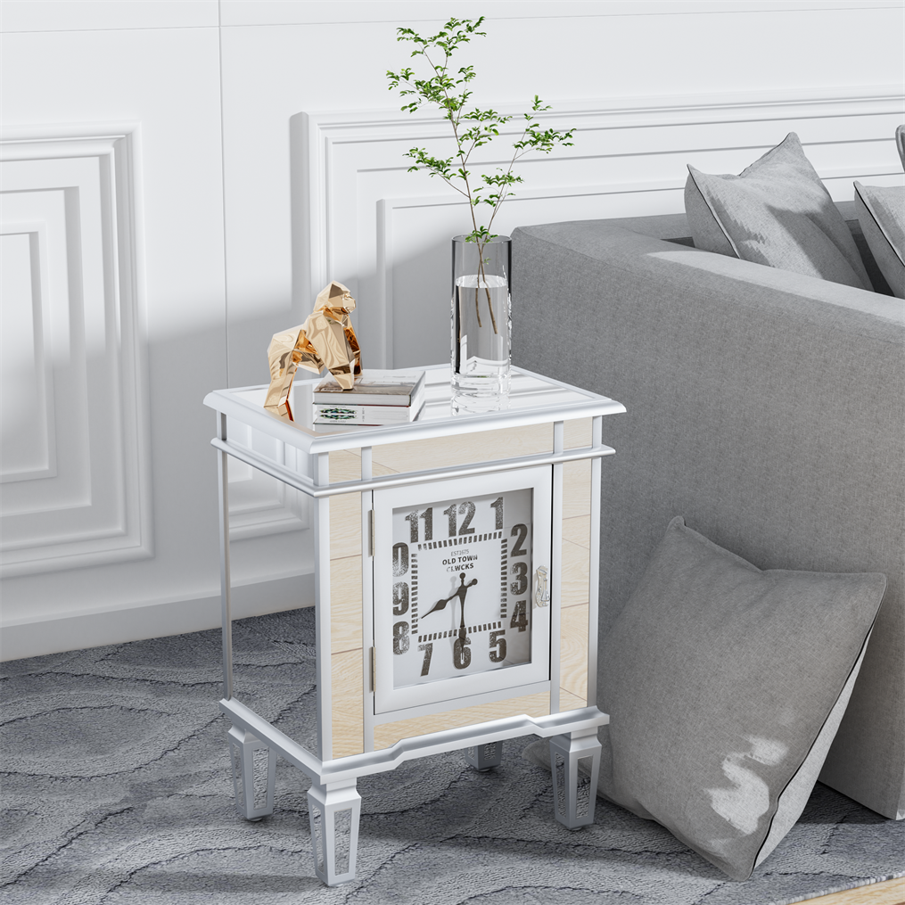 Luxury Silver Mirror Side Table with Arabic Numerals Clock