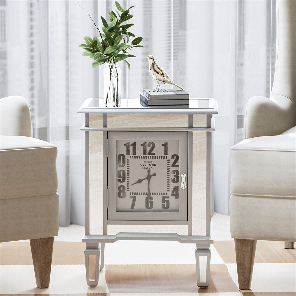 Luxury Silver Mirror Side Table with Arabic Numerals Clock