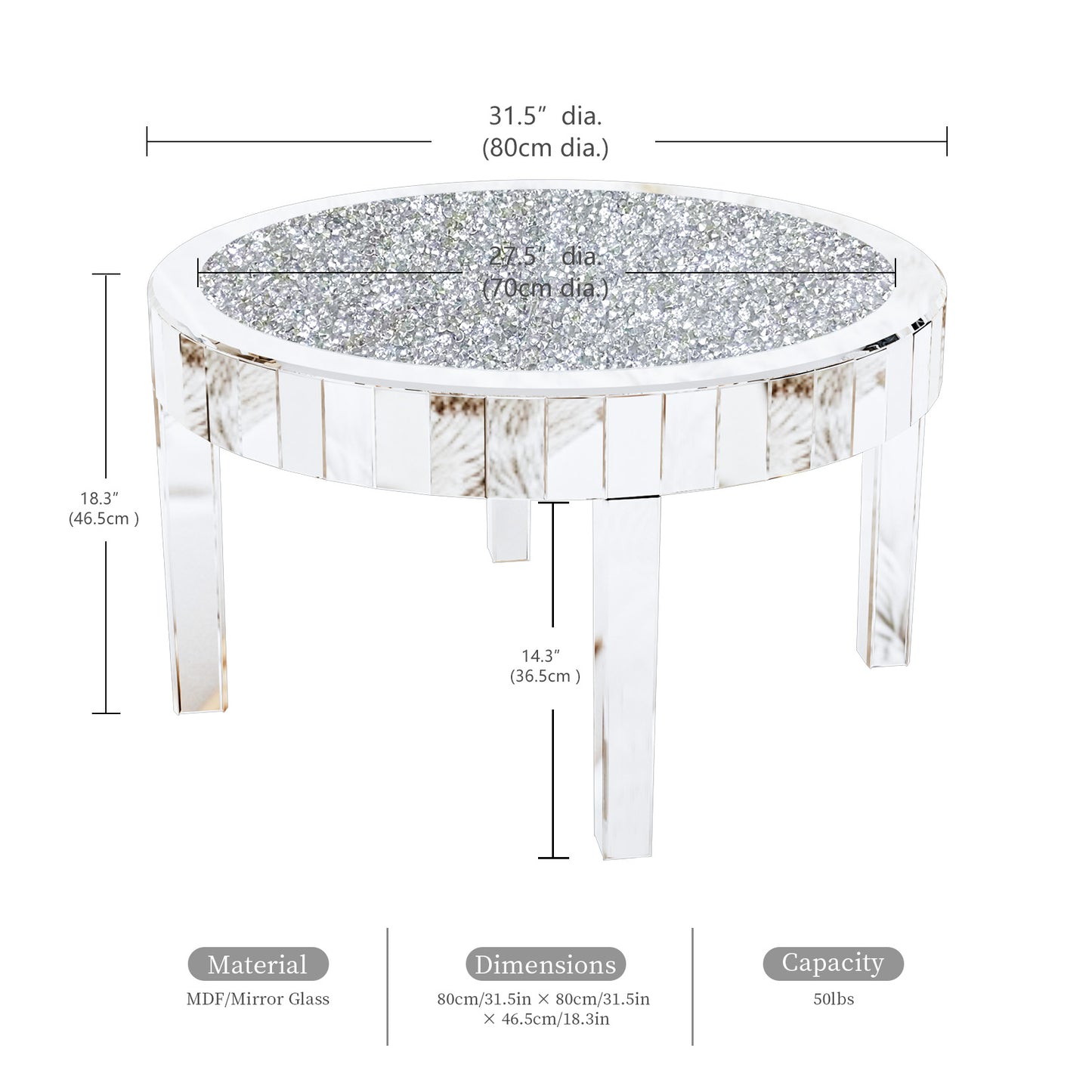 Clear Mirrored Center Table Coffee Table Crystal Diamonds Inlay Accent Table