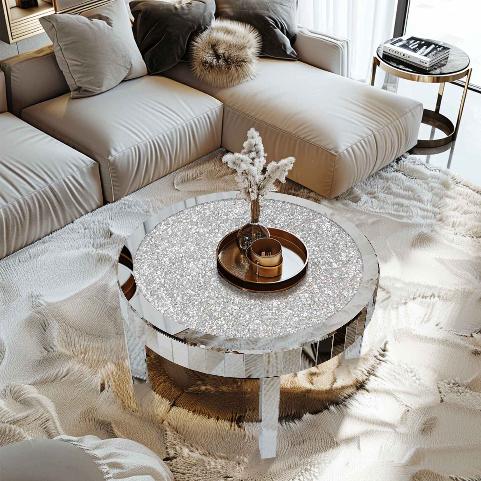 Clear Mirrored Center Table Coffee Table Crystal Diamonds Inlay Accent Table