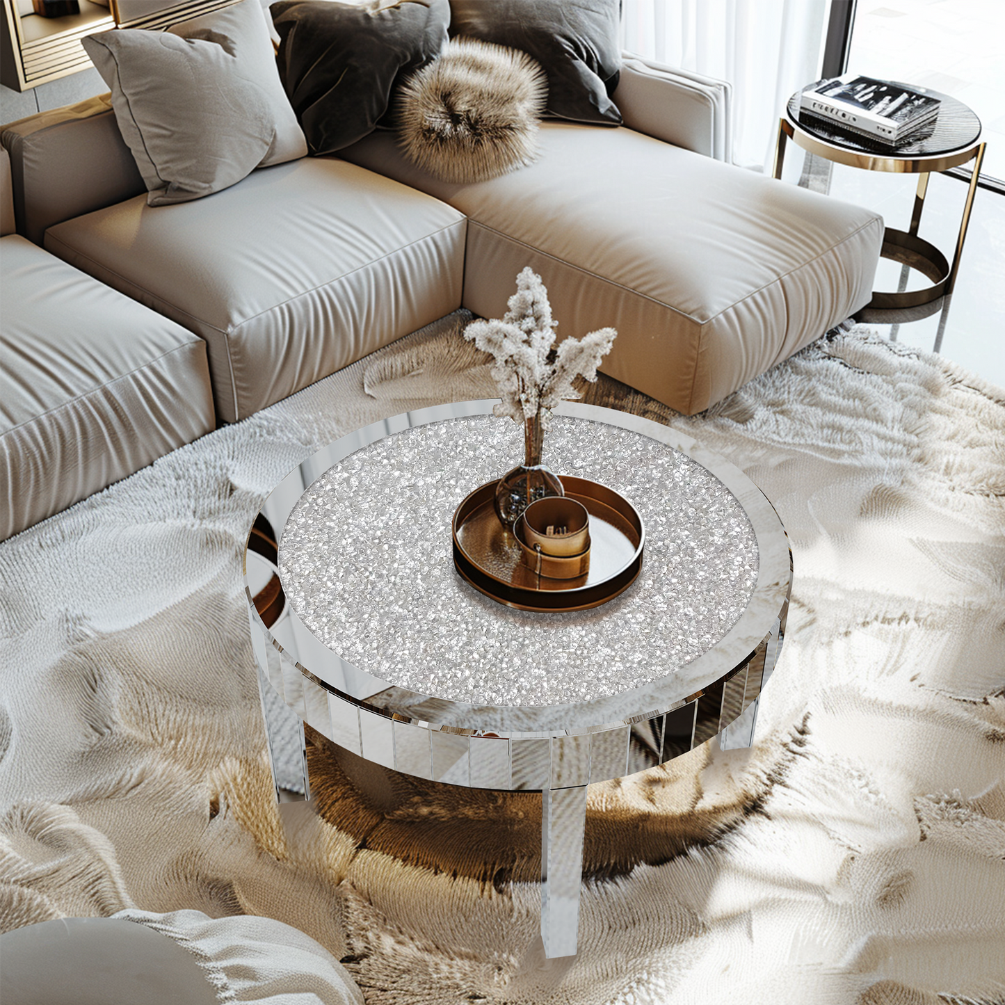Clear Mirrored Center Table Coffee Table Crystal Diamonds Inlay Accent Table
