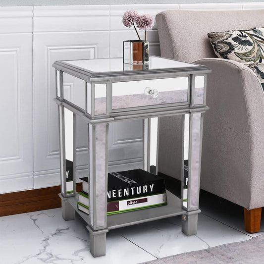 Silver Glass Mirrored Sofa Side Table Nightstand Table with Open Shelf