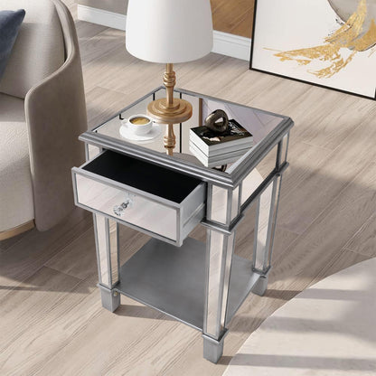Silver Glass Mirrored Sofa Side Table Nightstand Table with Open Shelf