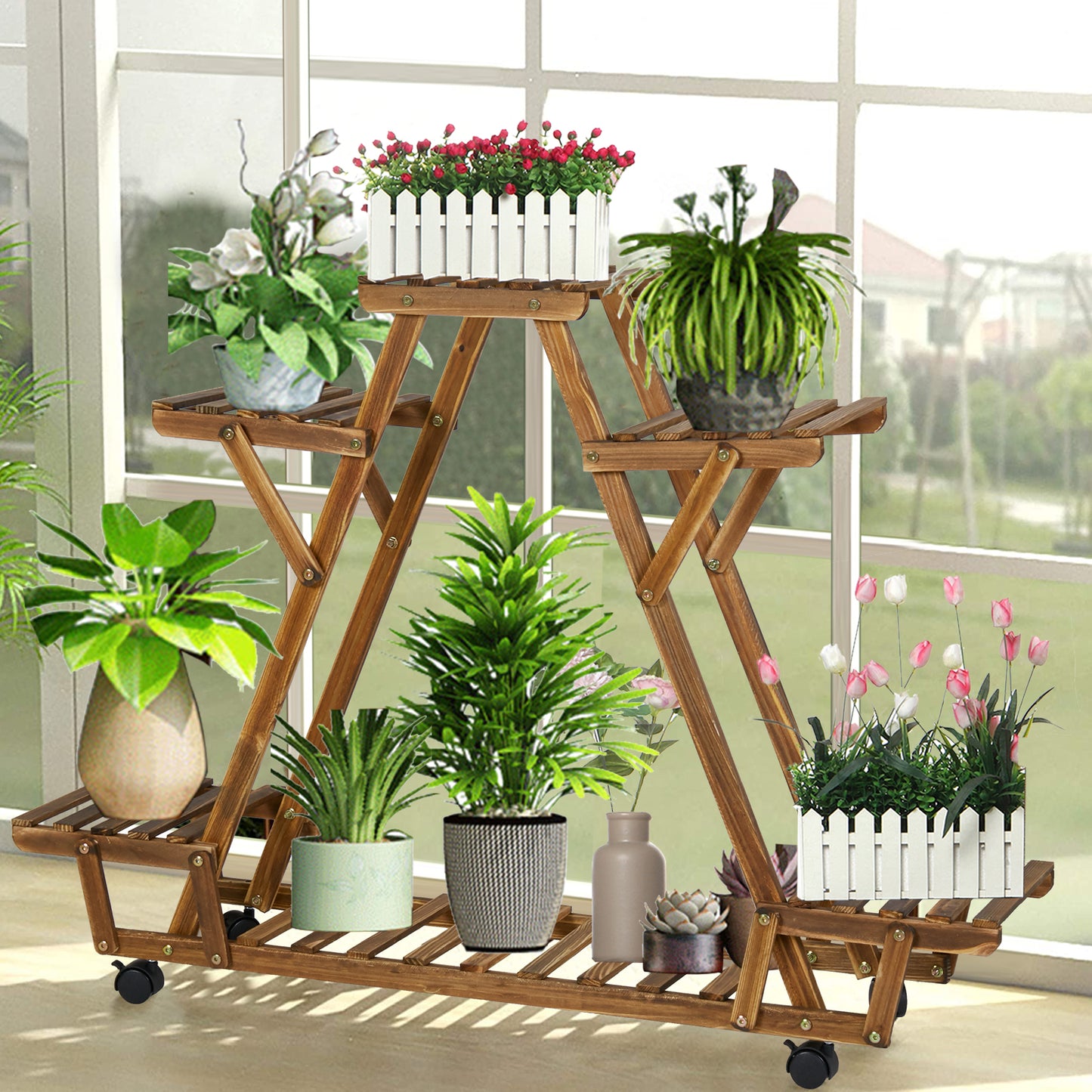 Multiple Flower Pots Holder Wooden Plant Stand - Elevate Garden Space