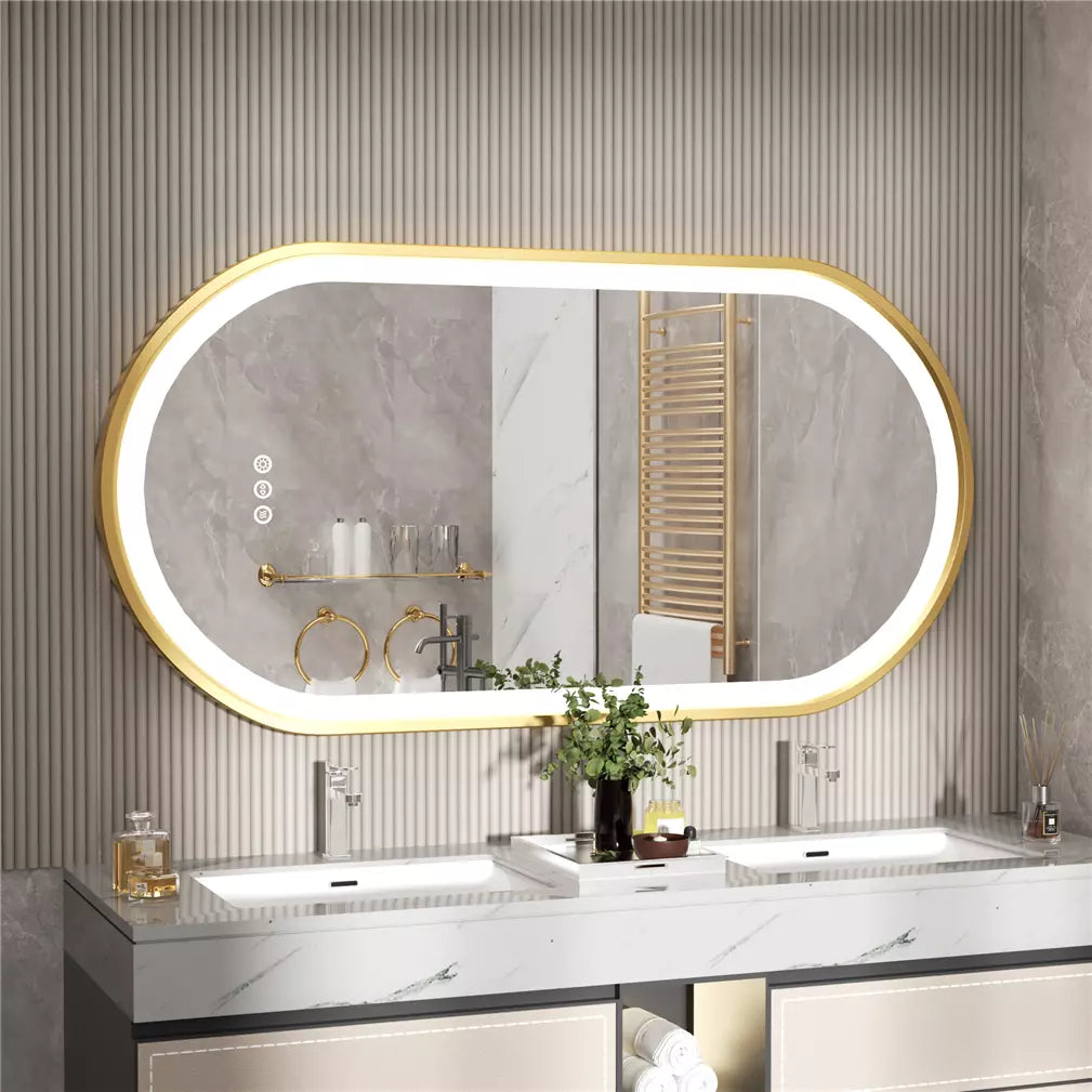 Front-lit Wall LED Bathroom Mirror, Oval Gold Aluminum Frame