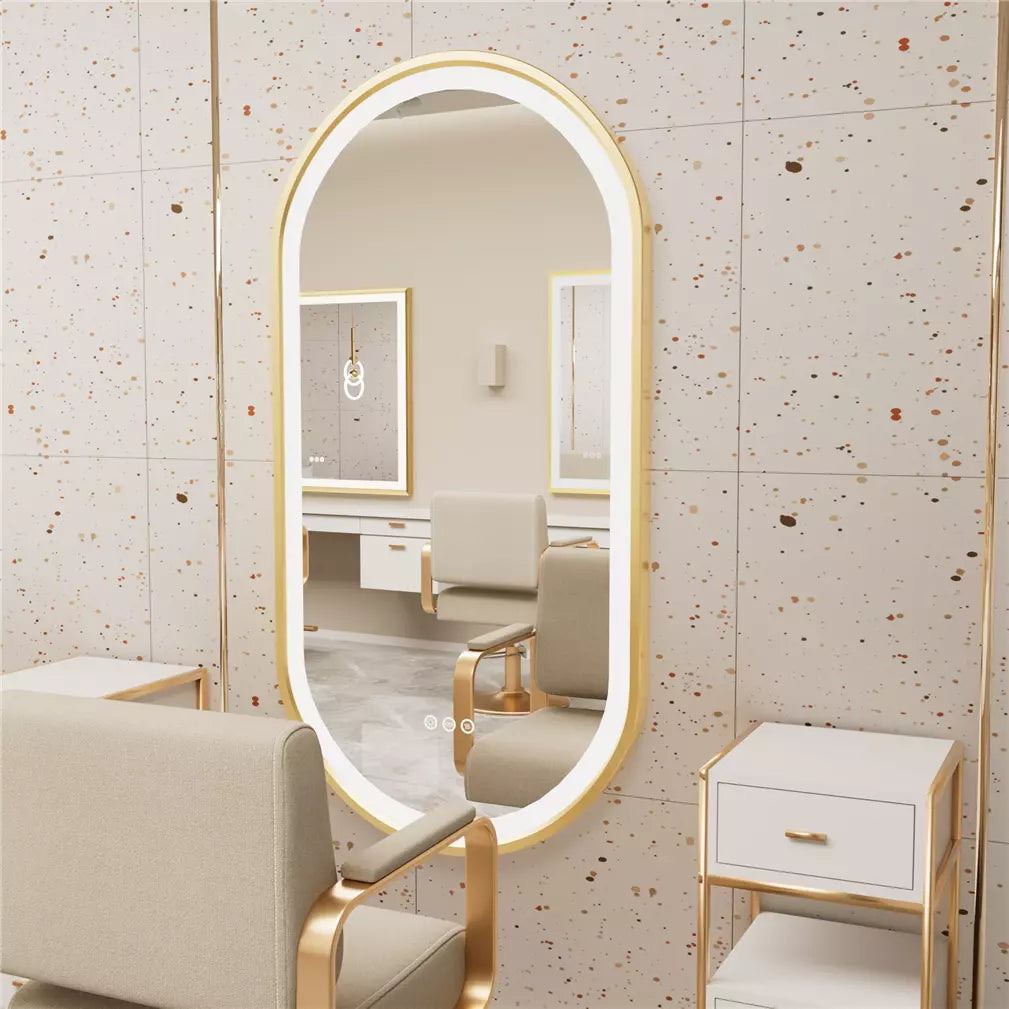 Front-lit Wall LED Bathroom Mirror, Oval Gold Aluminum Frame