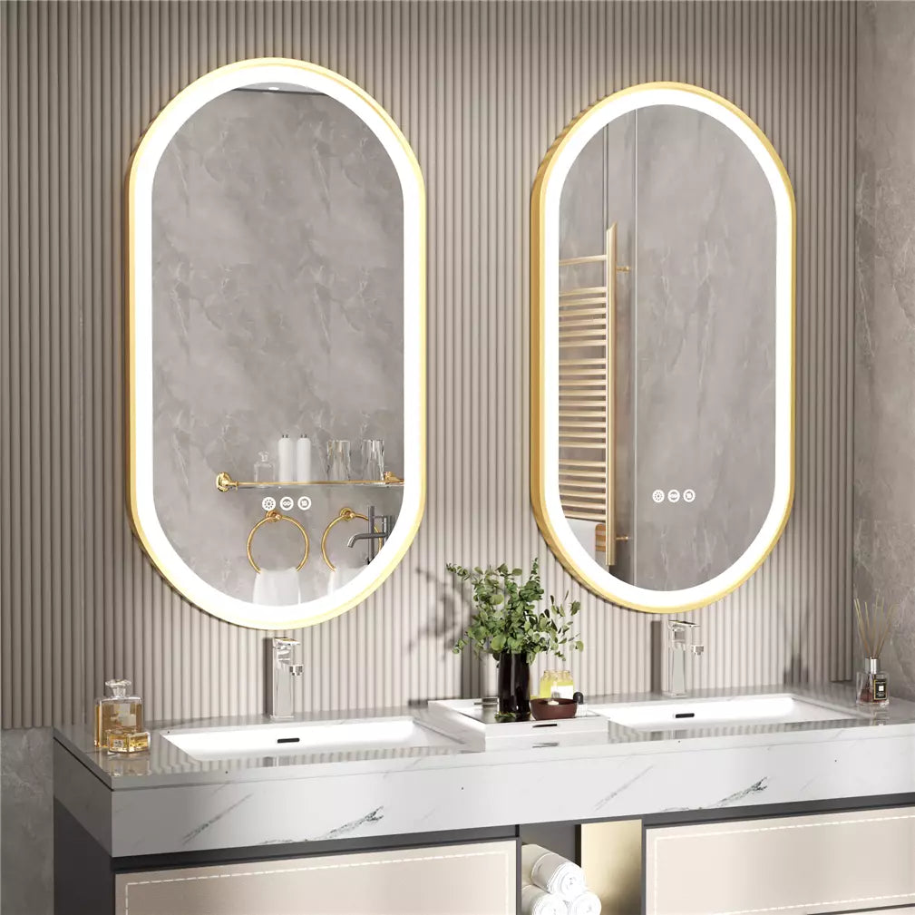 Front-lit Wall LED Bathroom Mirror, Oval Gold Aluminum Frame