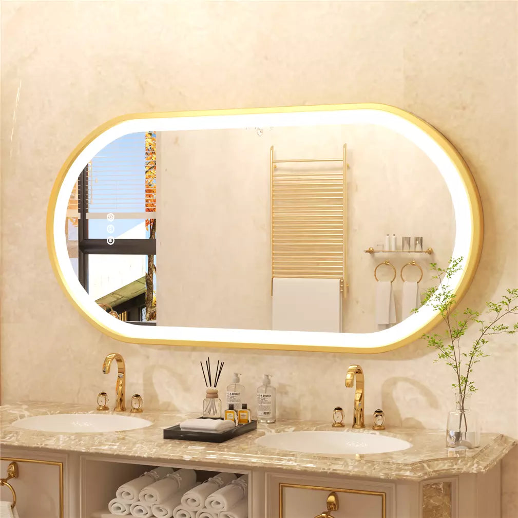 Front-lit Wall LED Bathroom Mirror, Oval Gold Aluminum Frame