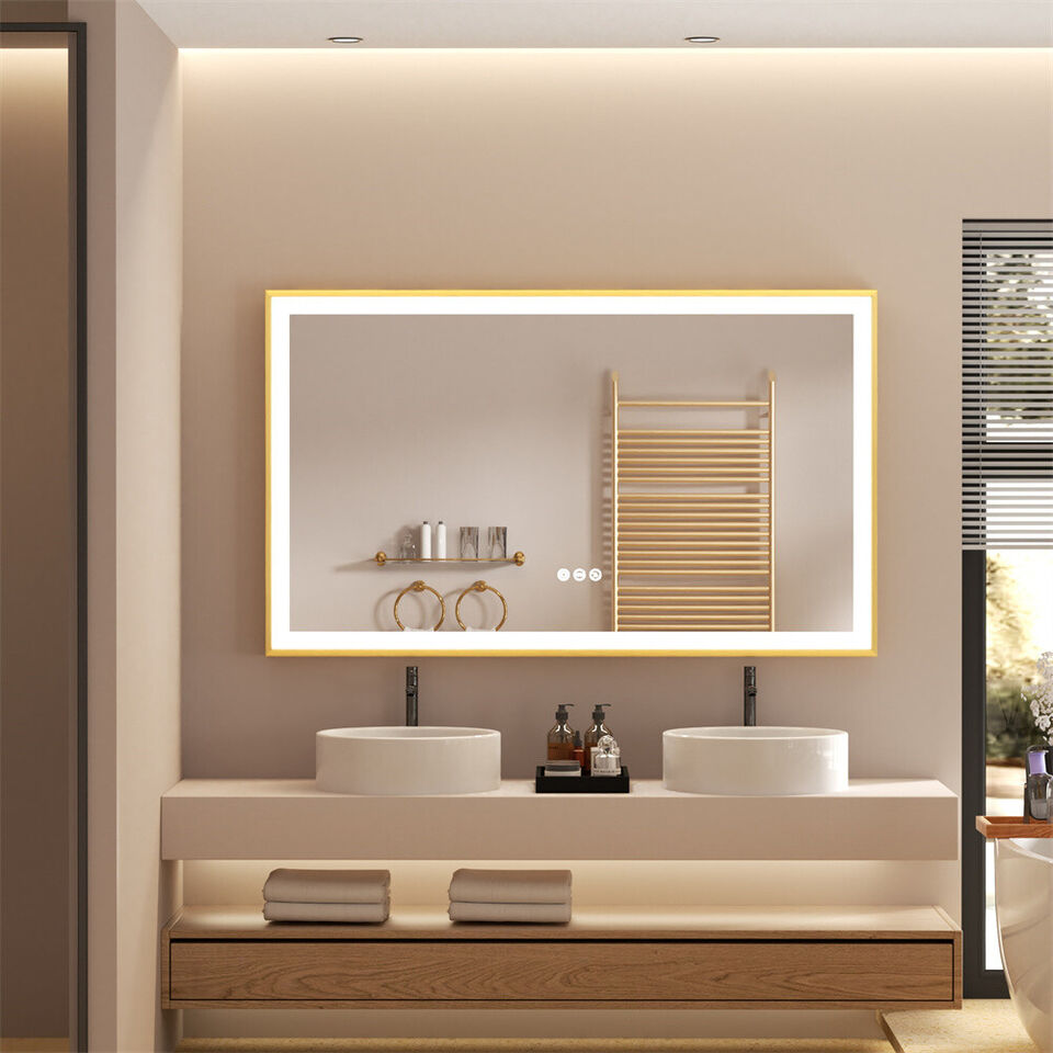 Rectangular Gold Aluminum Framed Front-lit LED Bathroom Mirror