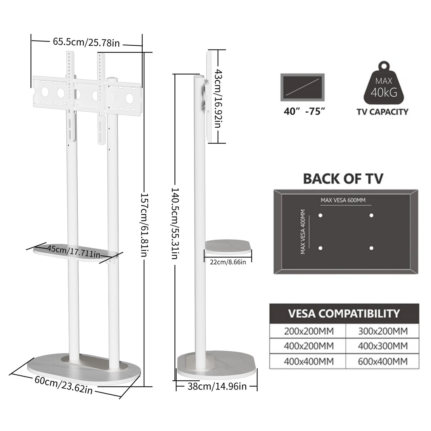 Mid Century TV Floor Stand for 40”-75” Height Adjustable TV Mount