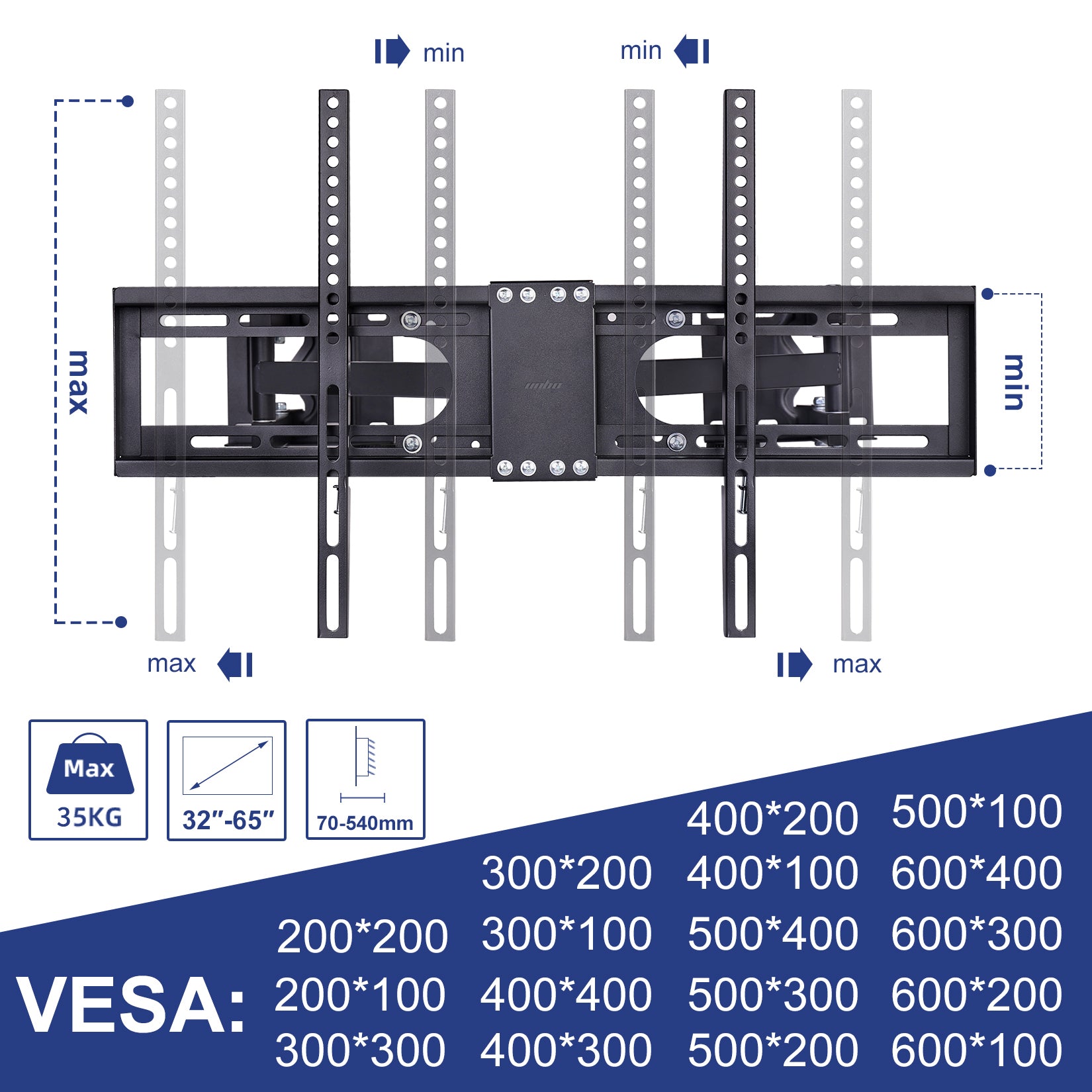 TV Wall Mount Corner Bracket fits 32”-65” Screens, VESA up to 600x400mm