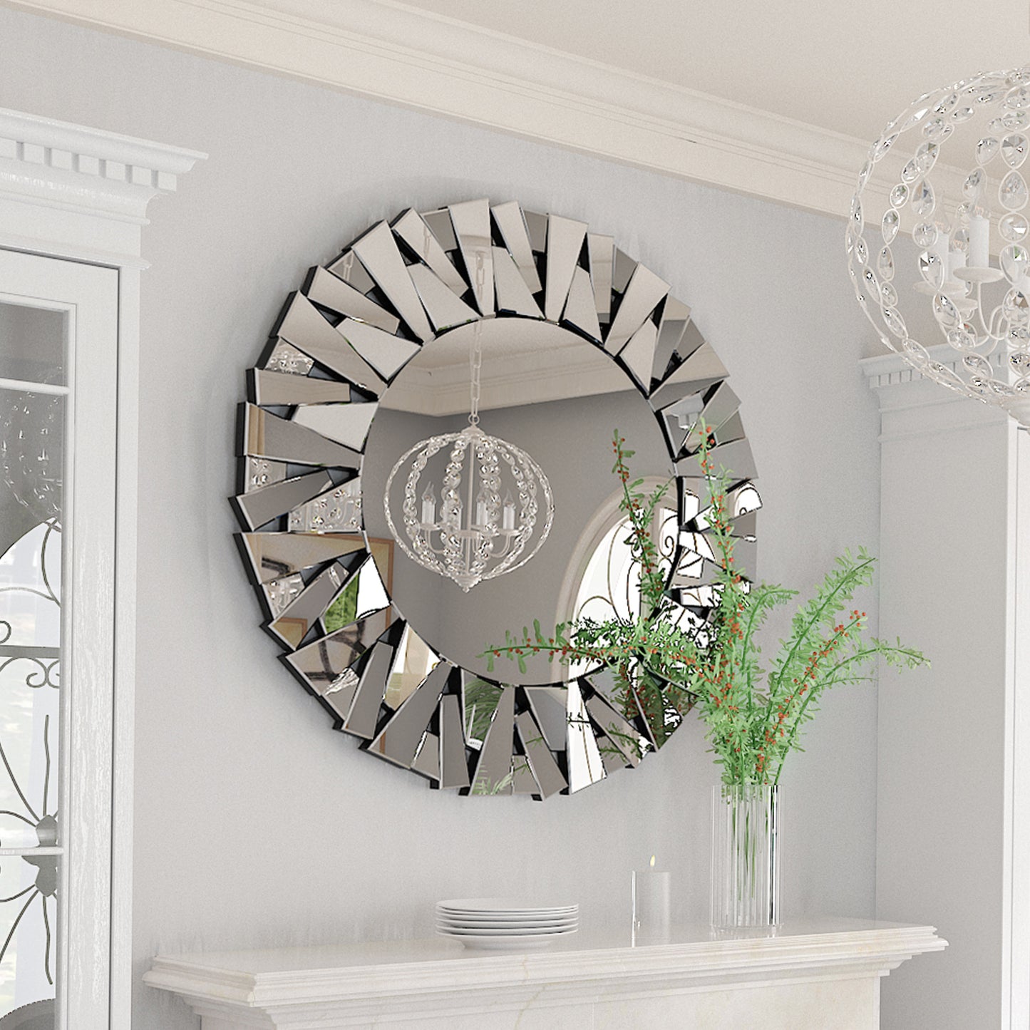 Round Wall Mounted Sunburst Silver Glass Mirror