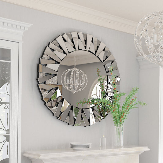 Round Wall Mounted Sunburst Silver Glass Mirror