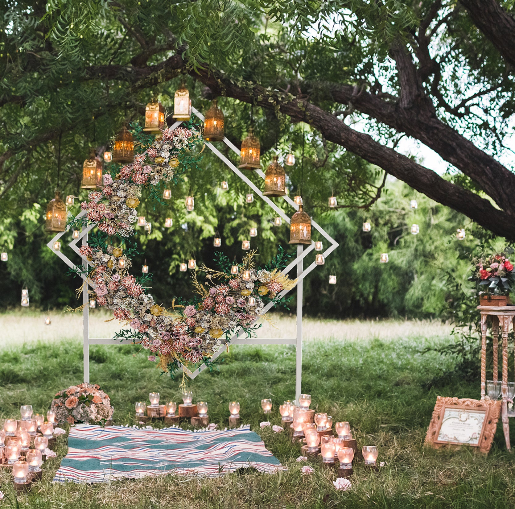 White Geometric Wedding Ceremony Backdrop Stand