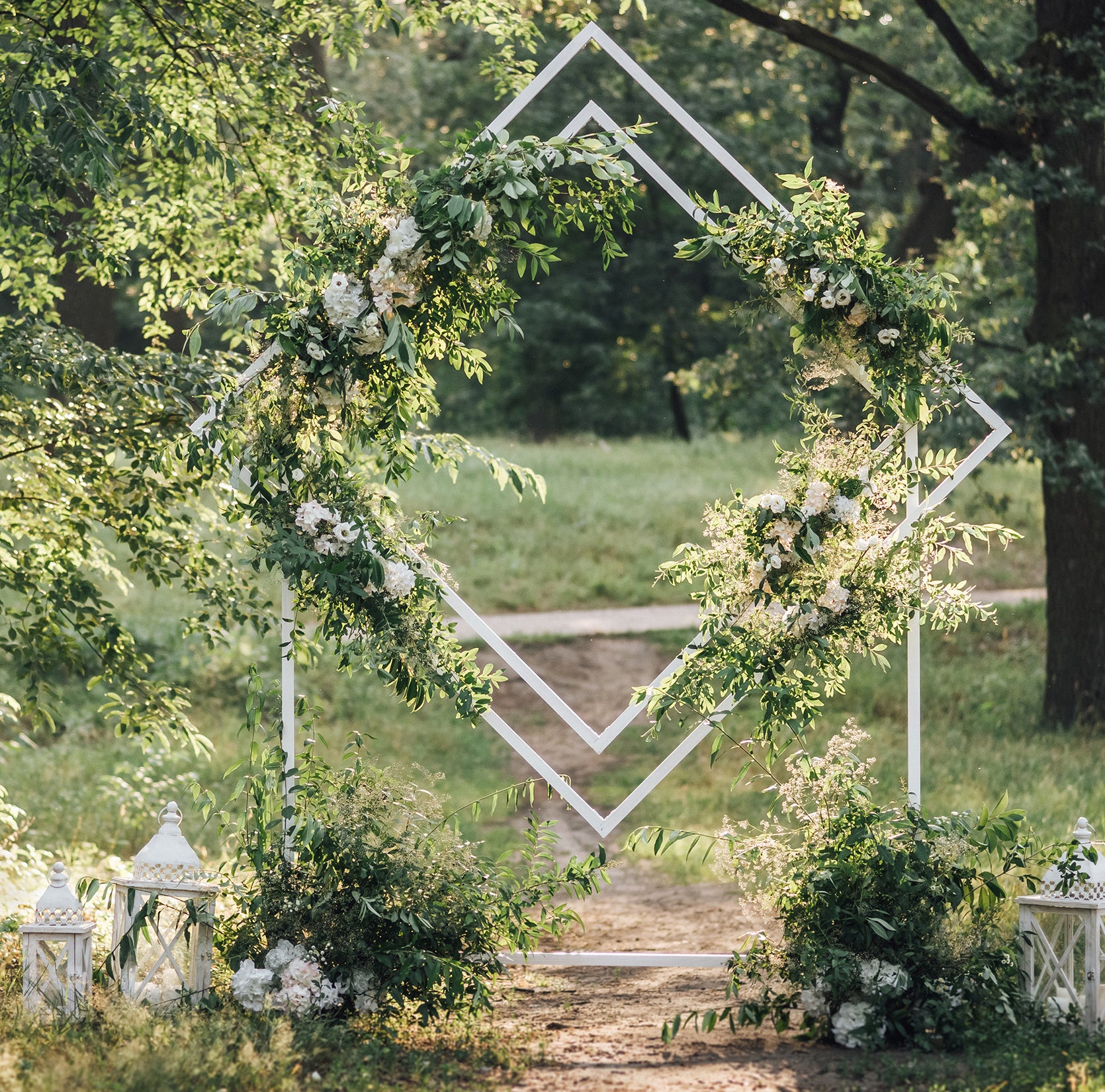 White Geometric Wedding Ceremony Backdrop Stand