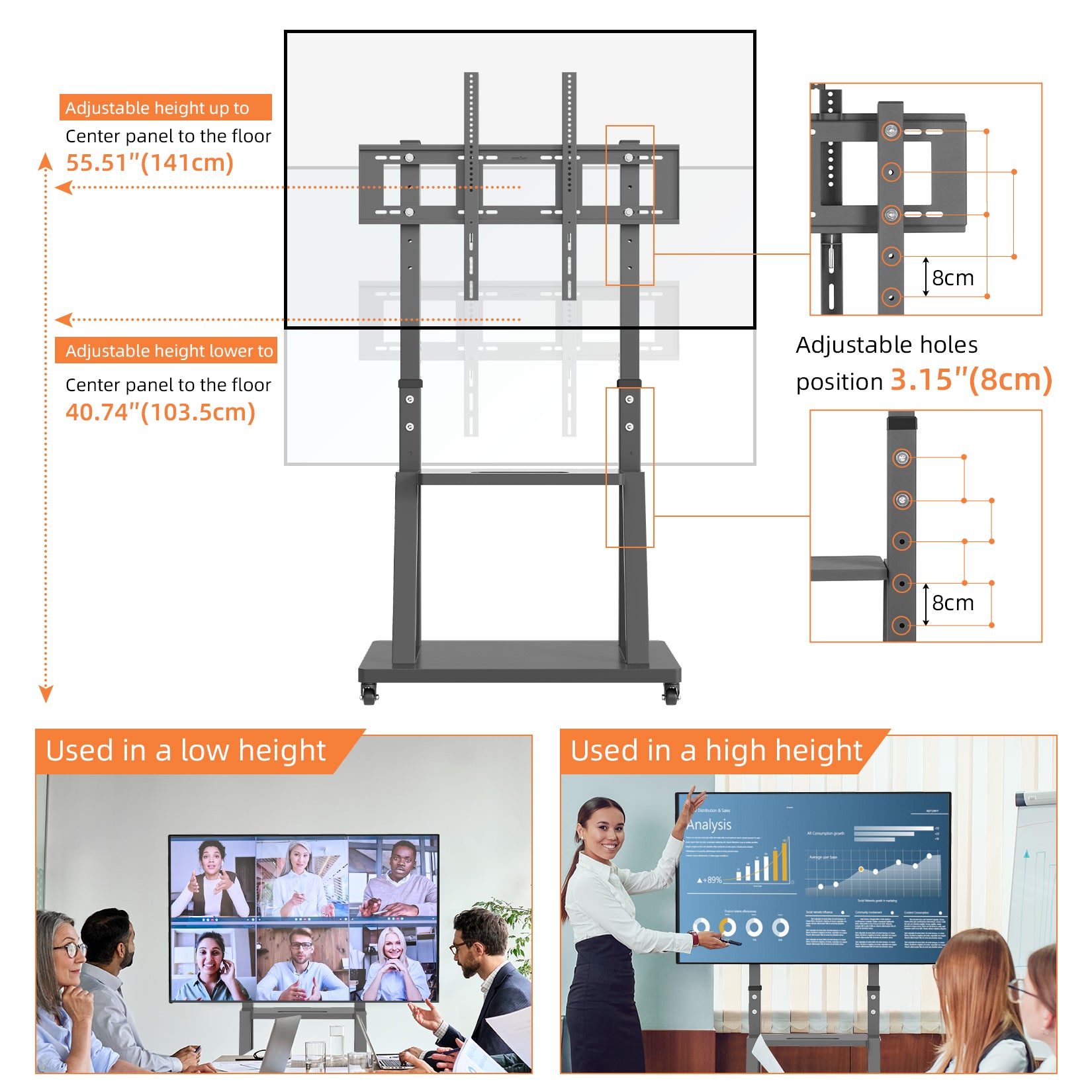 Floor Mobile TV Cart Stand for 32”-100” Screens MAX VESA 800x600mm