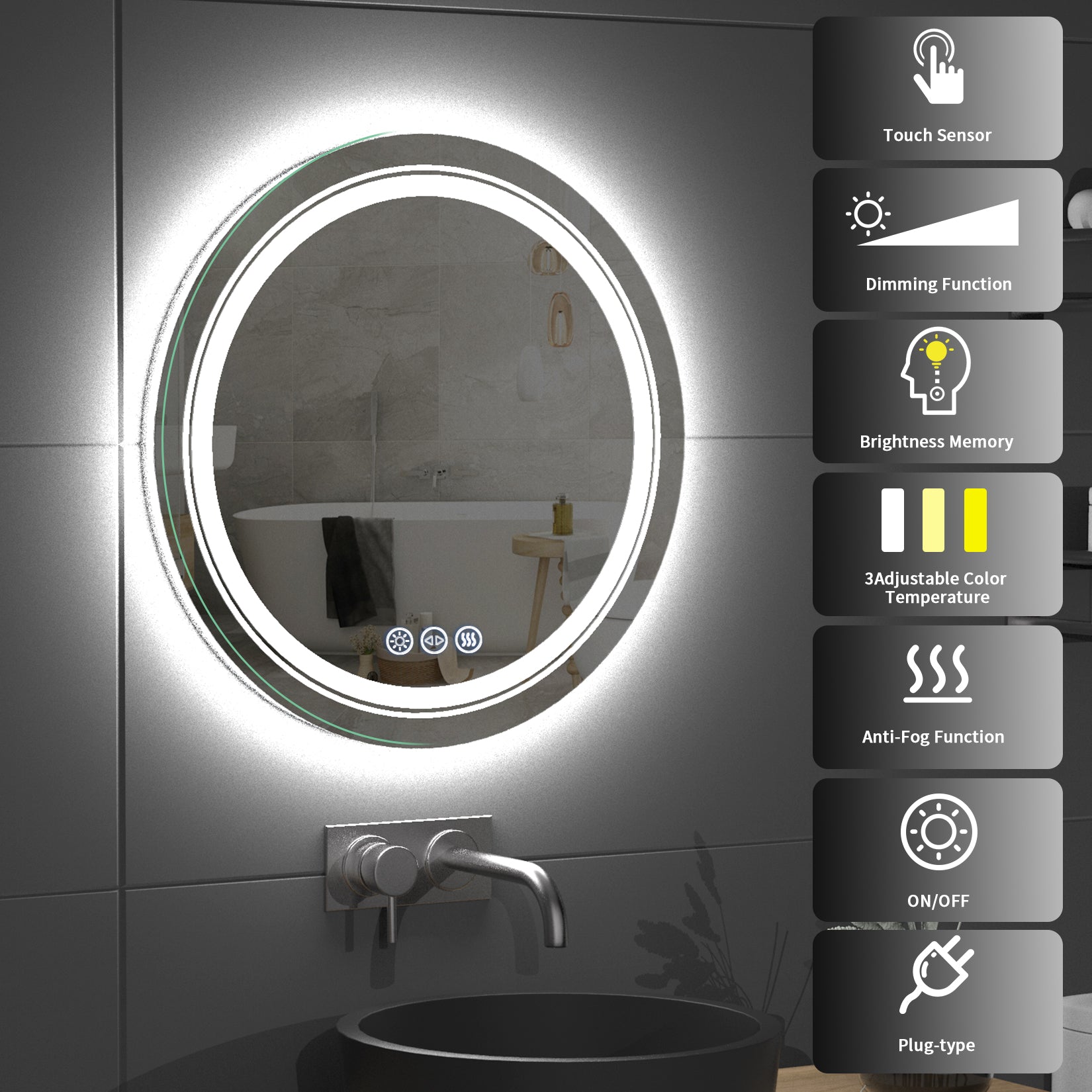 Round Anti-fog Bathroom Mirror Backlight